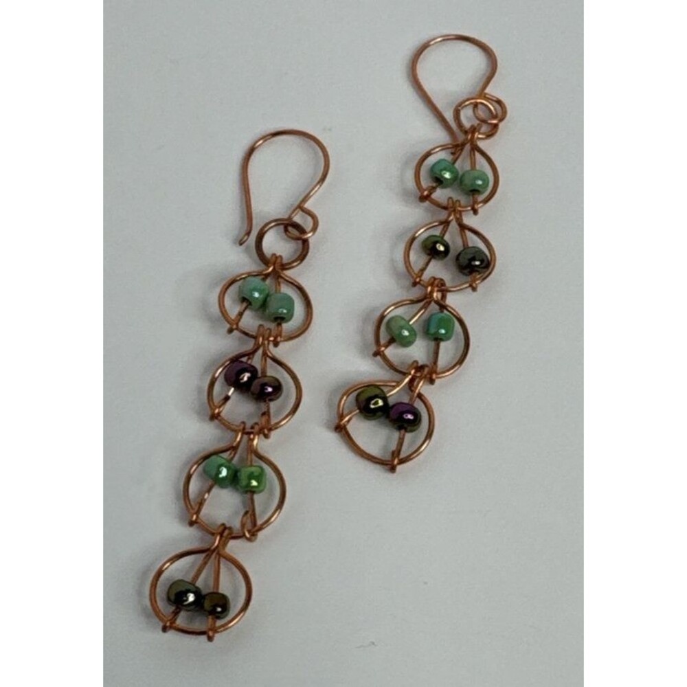 Copper Wire Earrings Green And Purple Seed Beads With French Hook  Hand Made